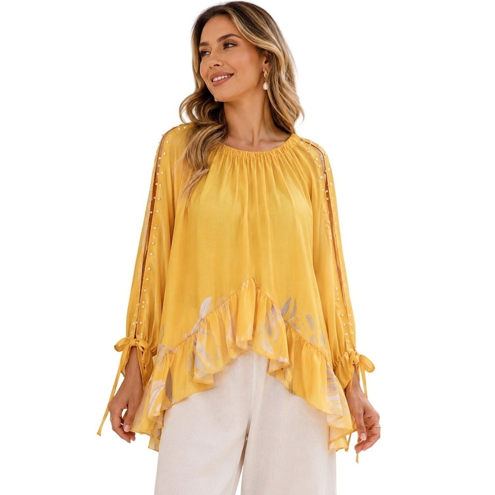 Chic Me Women's Blouse L Yellow casual Floral Ruffle Boho Peasant Top Ties